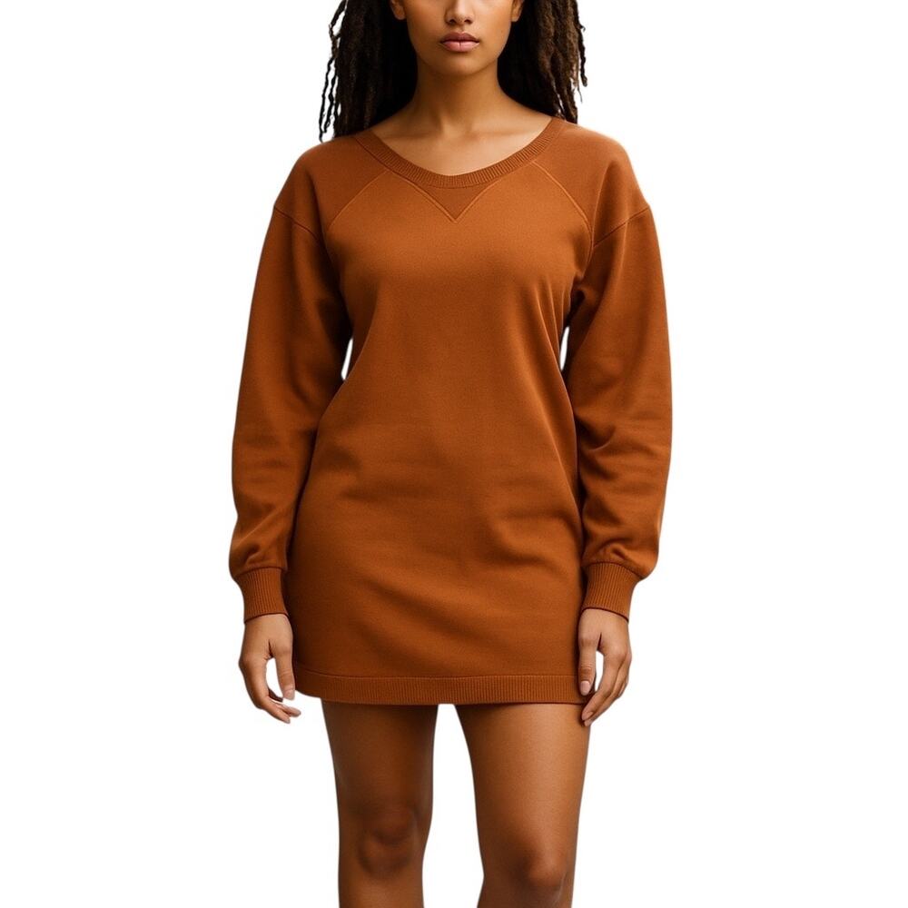 EVNL Puff Sleeves Backless High-Low Sweatshirt Dress Brown Size M